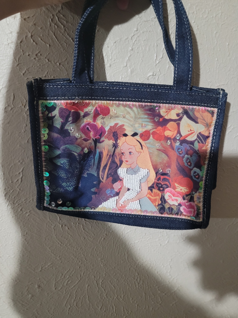 Alice In Wonderland Denim Mini Tote with Floral Print and Sequin Accents - Blue